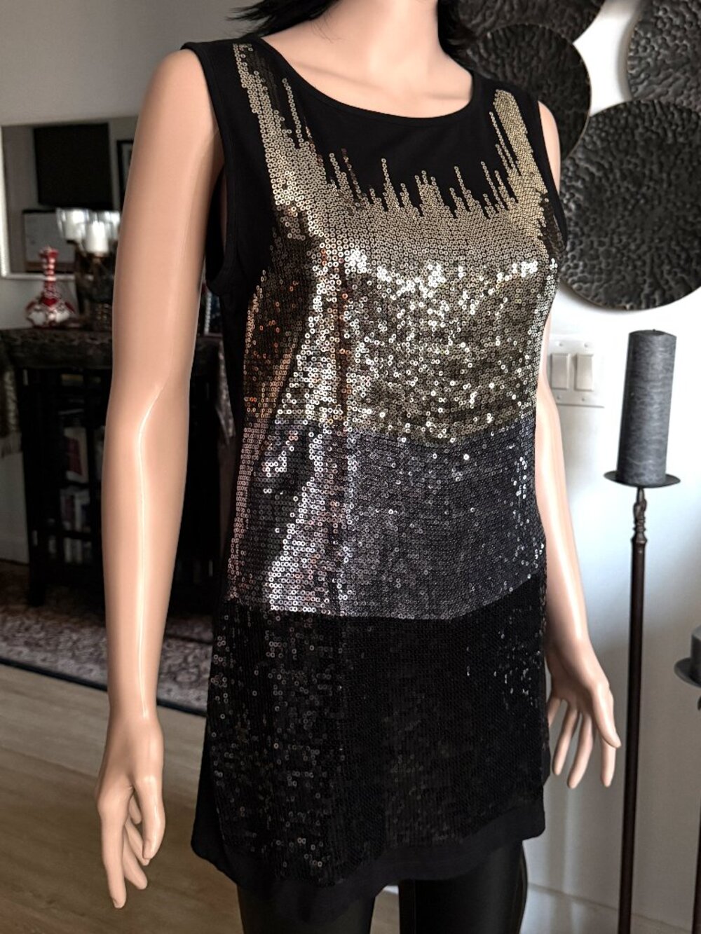 TRIBAL Slinky Metal Gold Silver Black Tri-Tone Colorblock Sequin Tunic | M | VGC